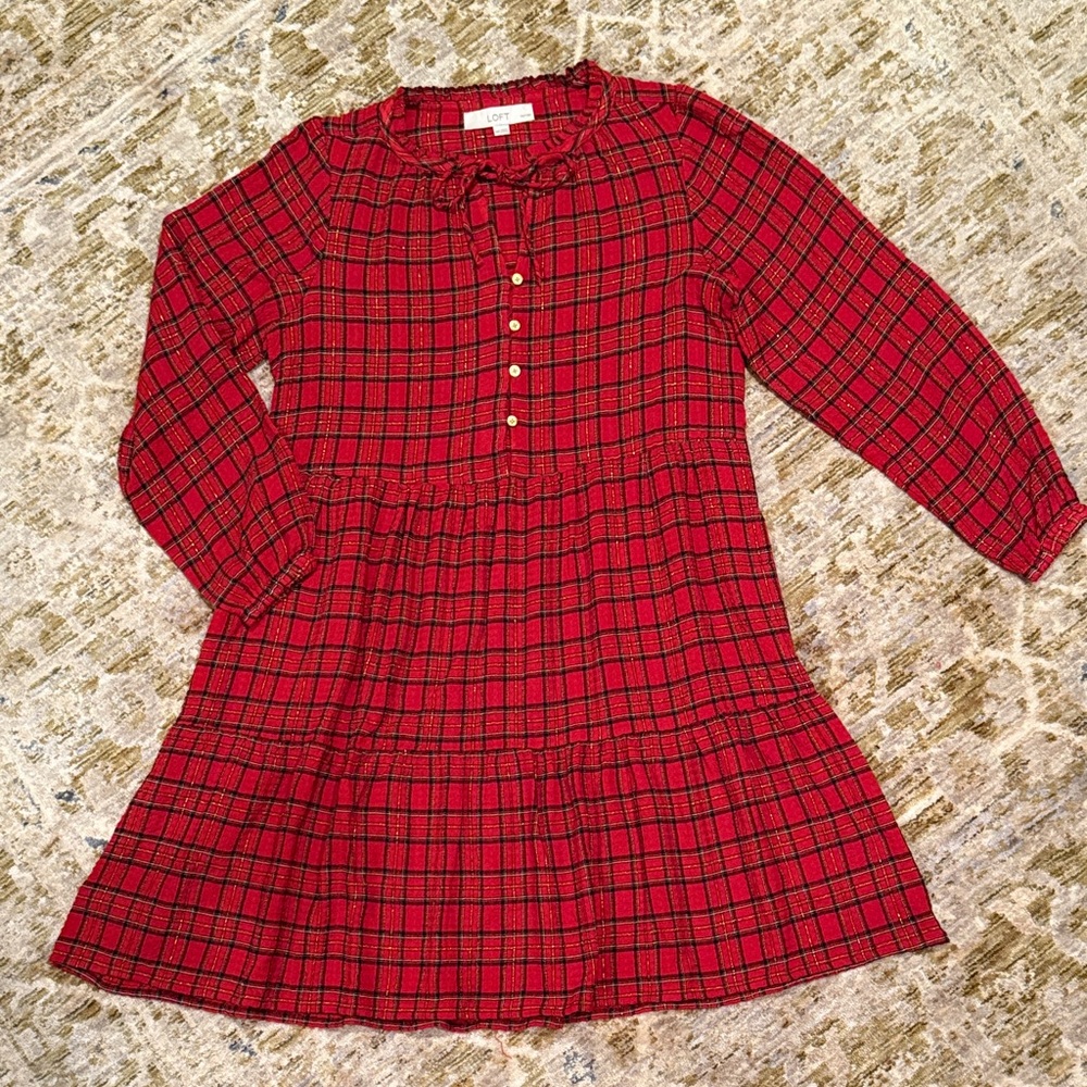 LOFT Petites Red, Black, Gold Plaid Tiered Dress Women’s size XSP